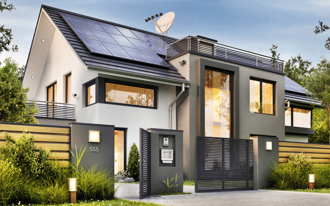 Contemporary house with solar panels, large windows, and modern design elements.