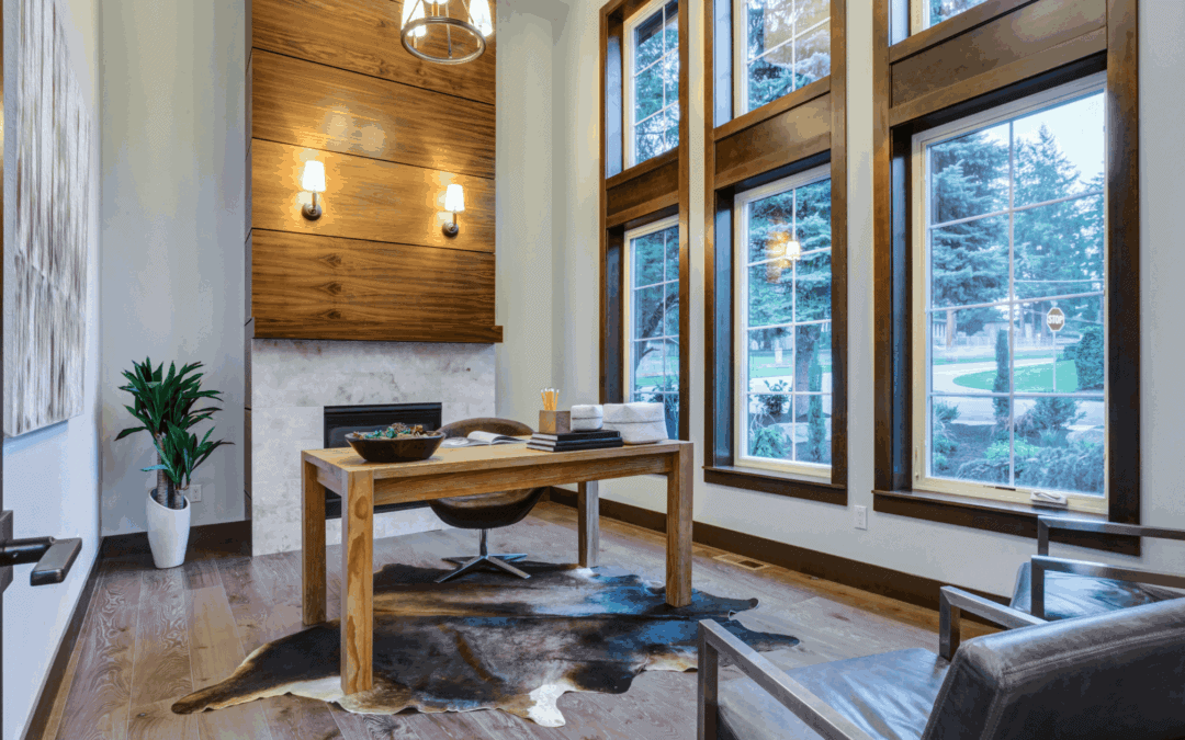 Bright office with large windows, wooden accents, and contemporary furniture.