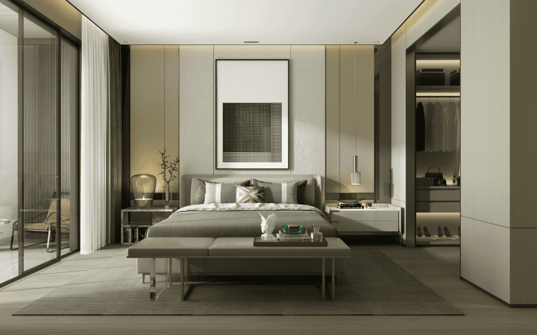 Elegant modern bedroom with neutral tones, large windows, and stylish decor.