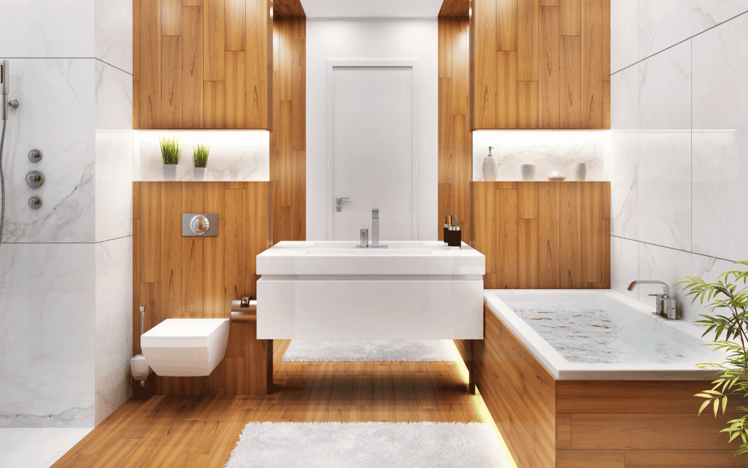 Elegant modern bathroom with wood accents, white fixtures, and natural lighting.