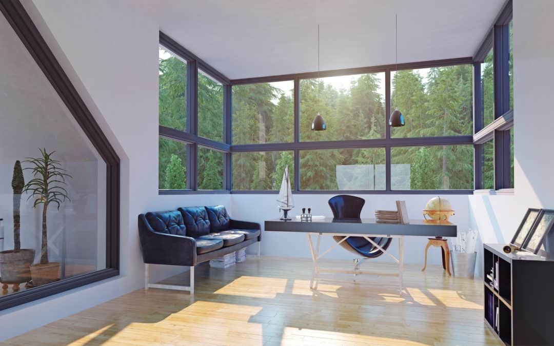 Bright modern office with expansive floor-to-ceiling windows and contemporary furniture.