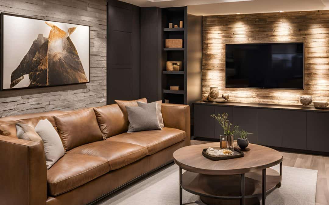 Stylish modern living room with leather sofa, wall-mounted TV, and cozy decor.