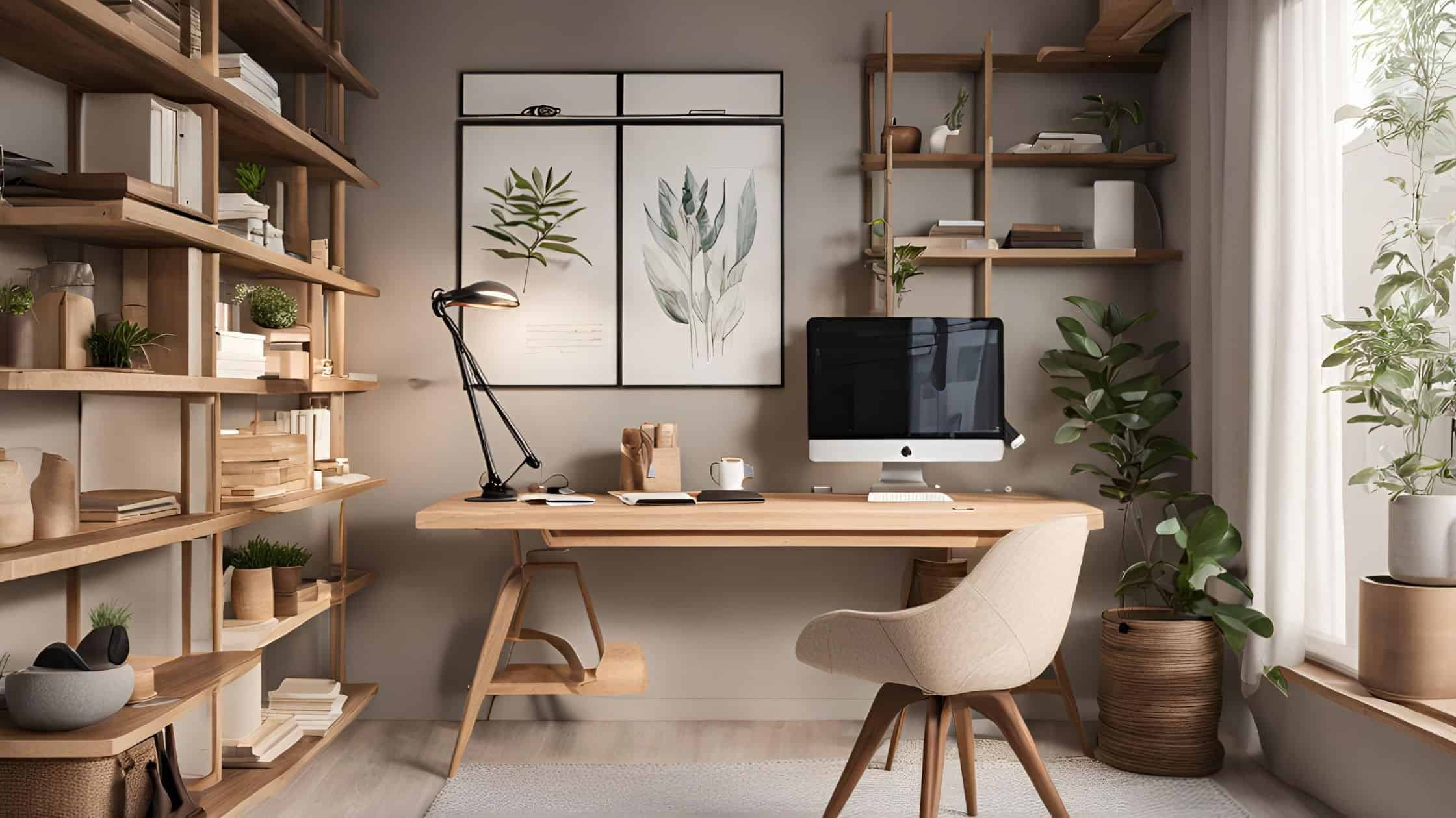 Home office with wooden shelves and a cozy workspace.