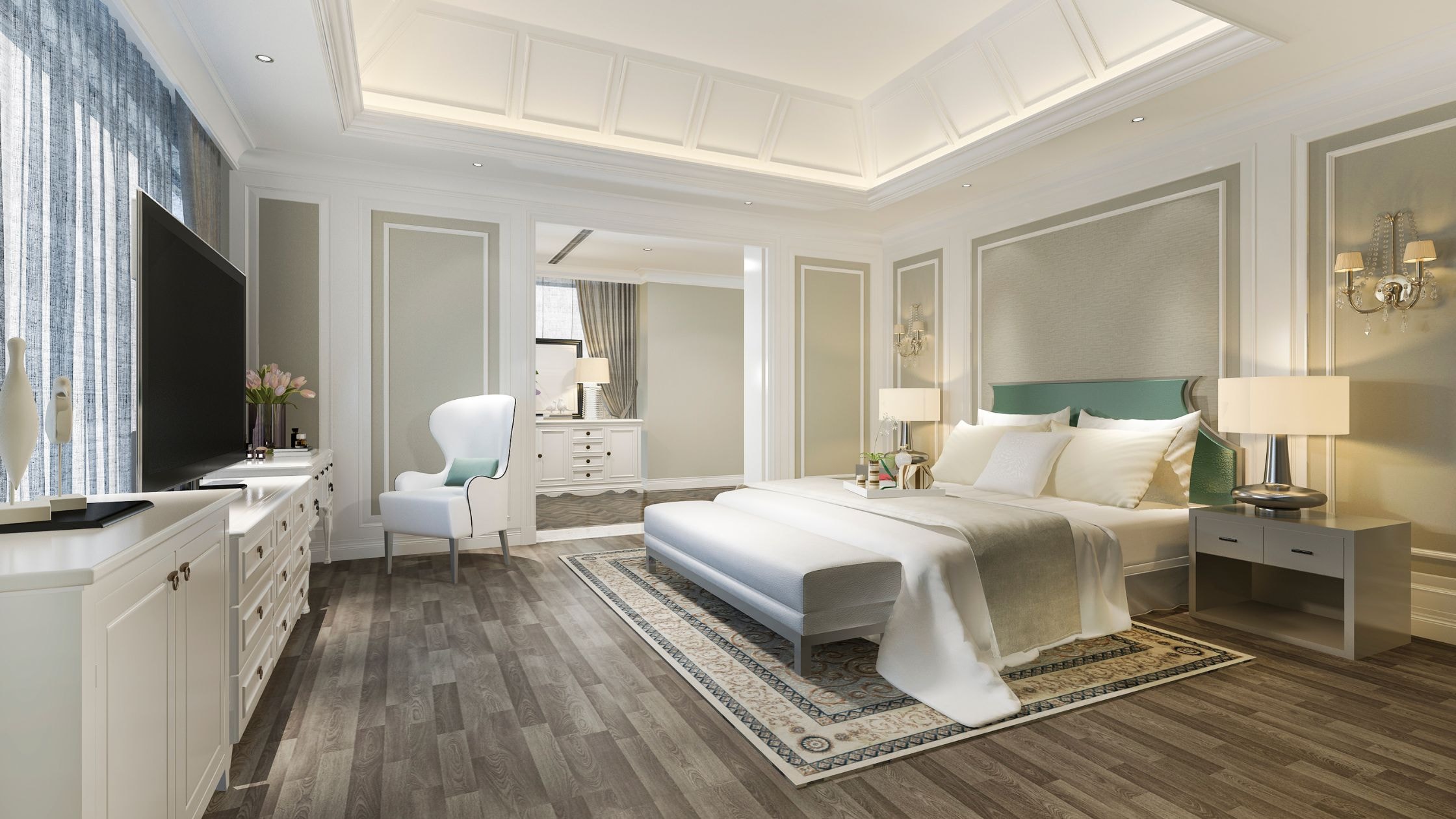 Elegant bedroom with modern decor, large bed, and stylish furnishings.