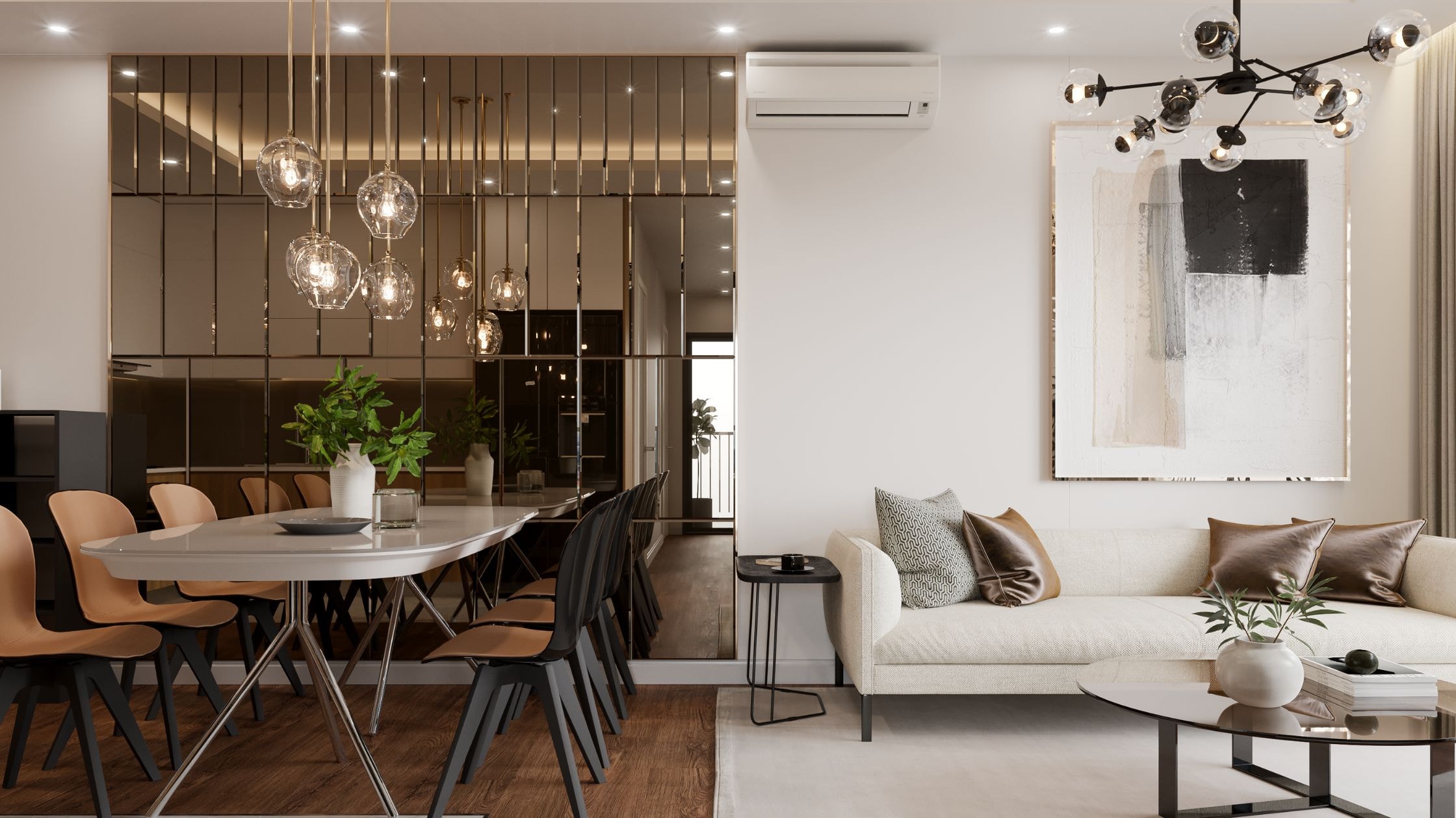 Stylish modern living room and dining space with contemporary decor and elegant lighting fixtures.