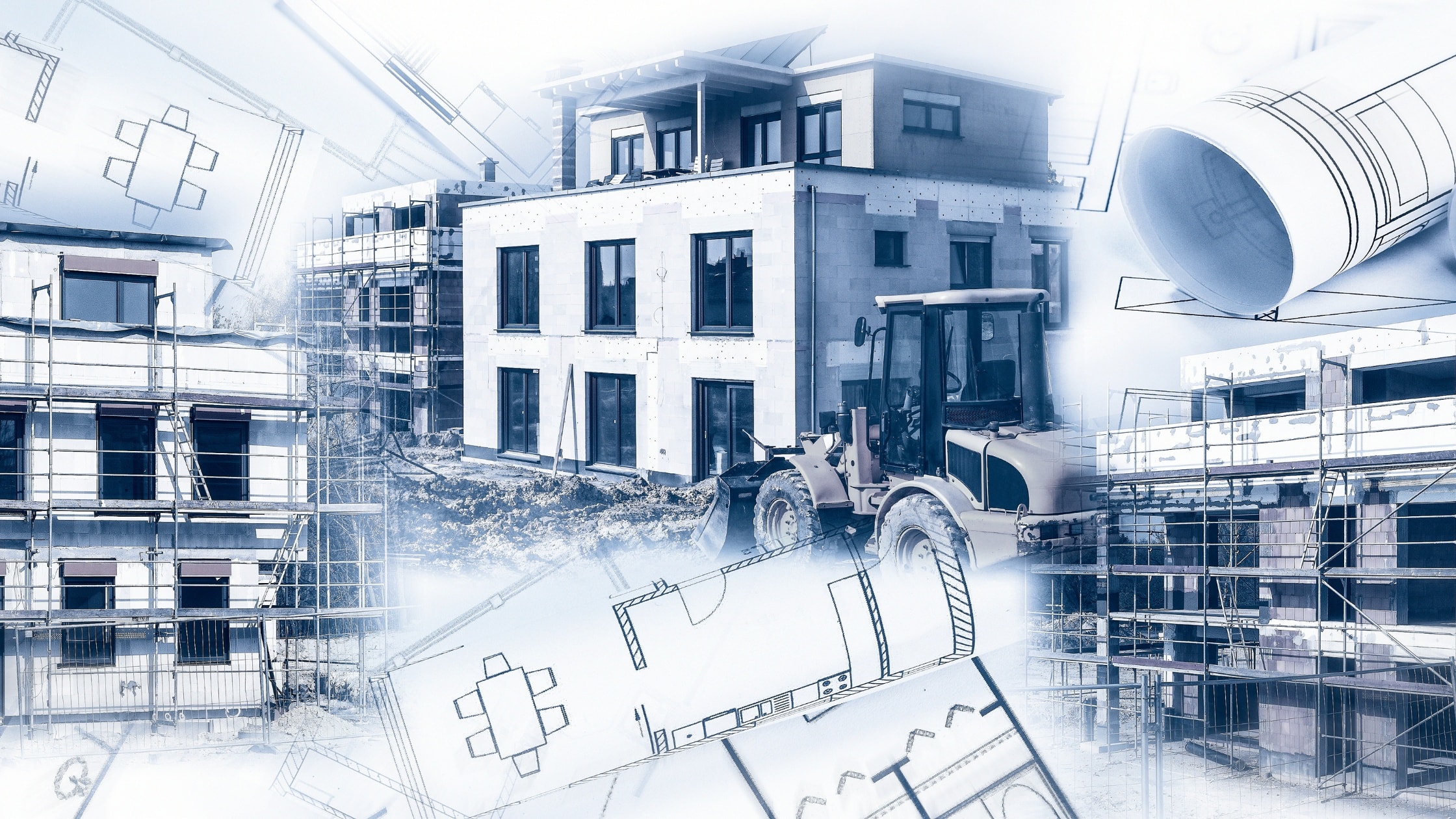 Construction site with modern building and blueprints, showcasing innovative building techniques.