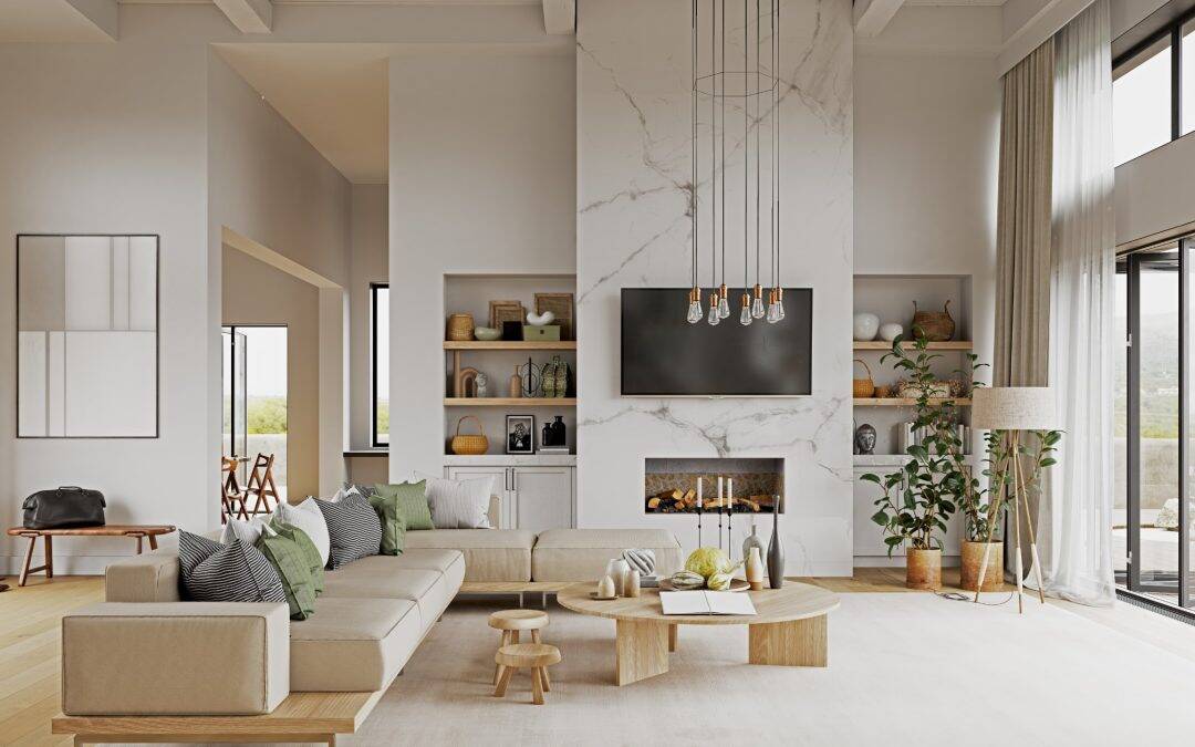 Bright modern living room with fireplace, large windows, and stylish decor.