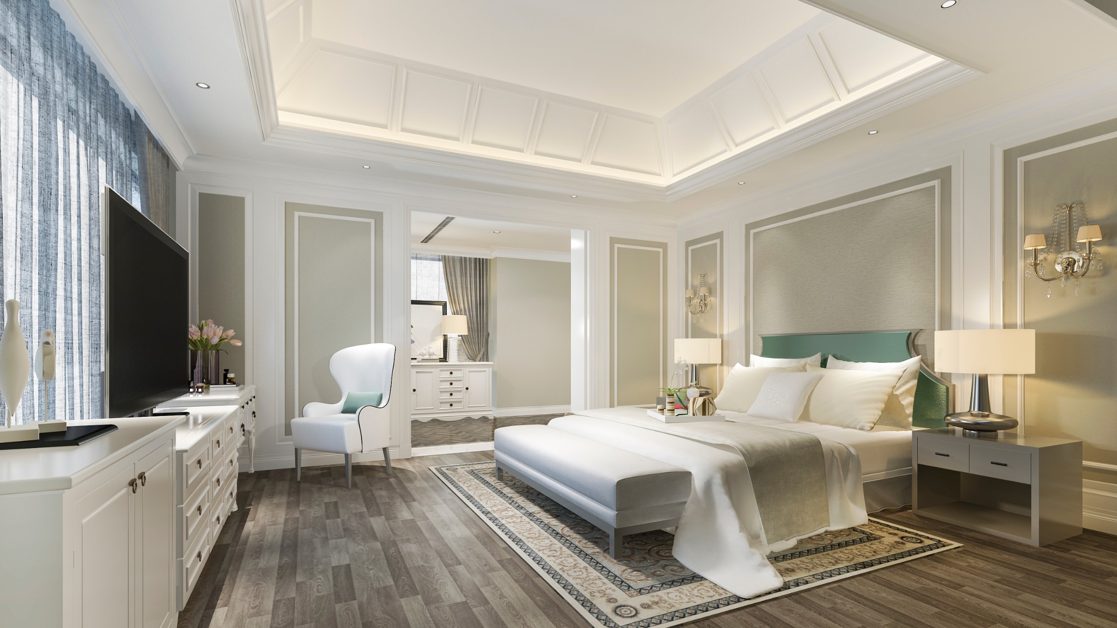 Elegant luxury bedroom with modern decor and spacious design.