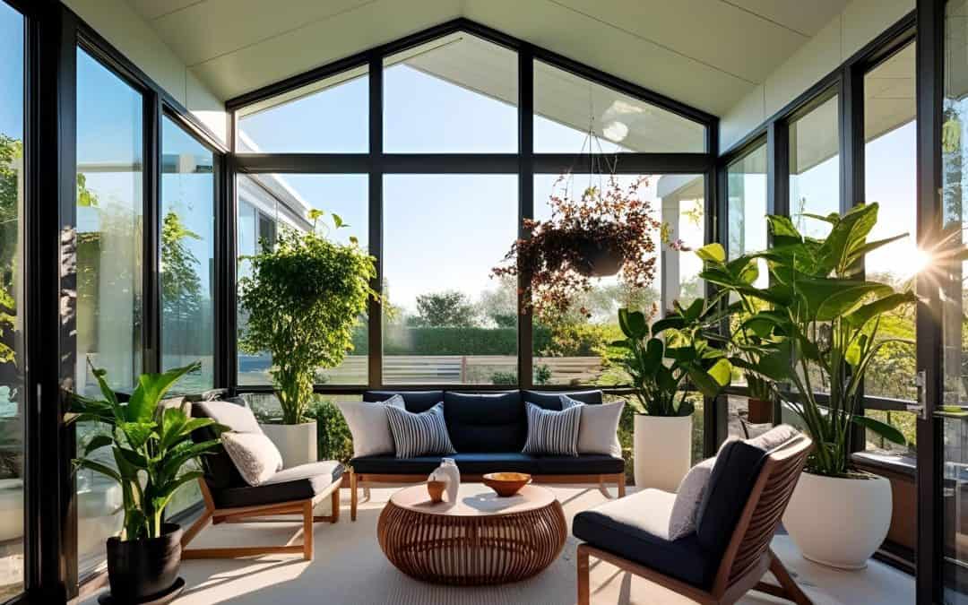 Bright modern sunroom with large glass windows and lush indoor plants.
