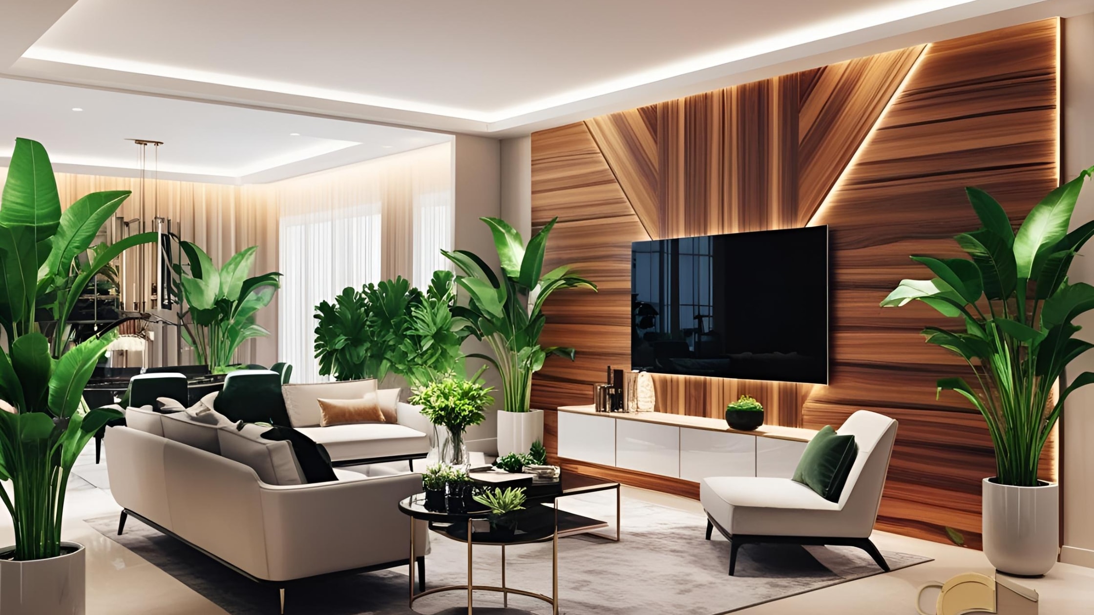 Stylish modern living room with wooden accent wall, large TV, and lush green plants.