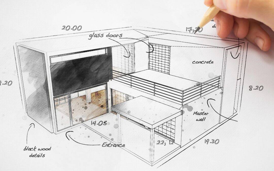 Interior room sketch with measurements, glass doors, concrete wall, and black wood details.