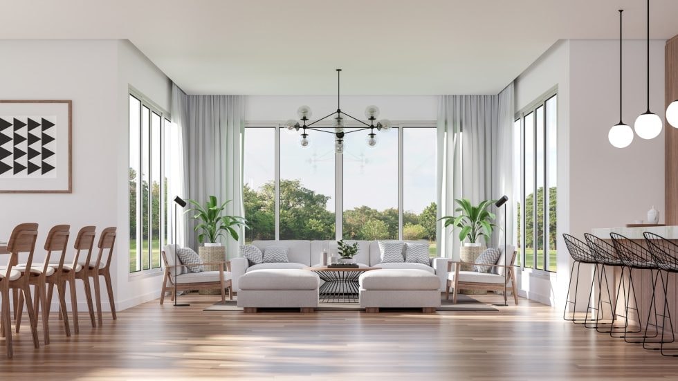 Bright and spacious living room with large windows, stylish furniture, and contemporary decor. Perfe.