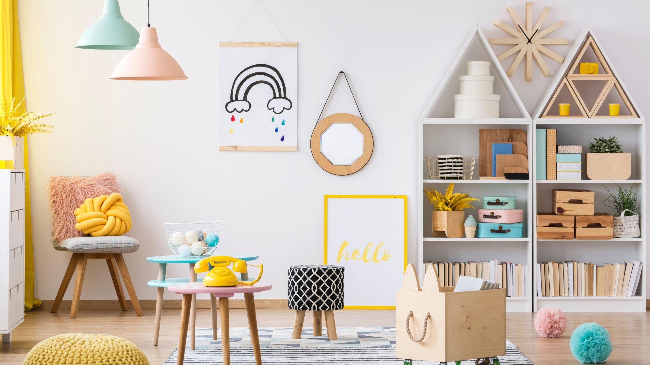 Bright and colorful kids' playroom with toys, books, and cozy decor for children.