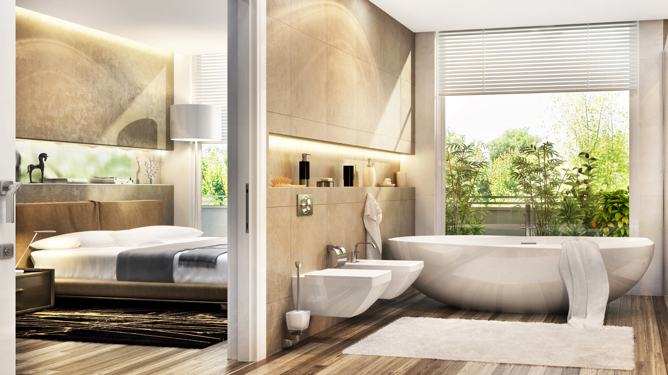 Elegant modern bathroom with freestanding tub and bedroom with large window and natural light.