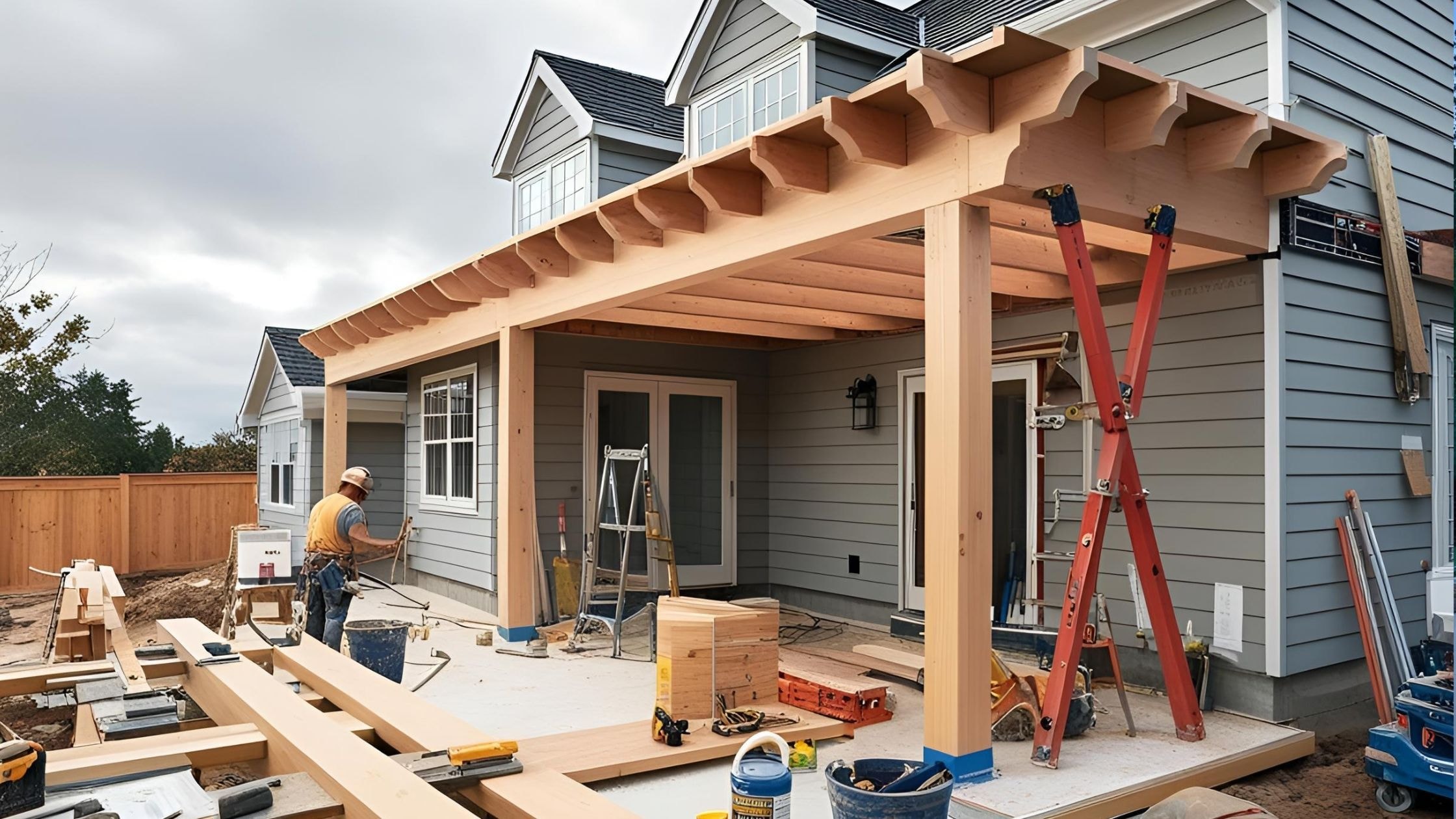 Custom wooden porch being built on a modern house with construction tools and workers present.