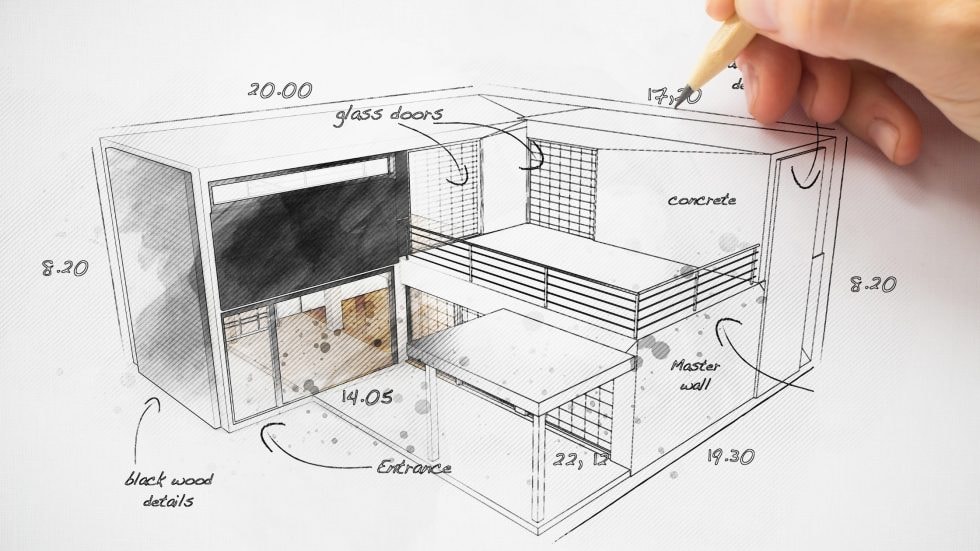 Detailed sketch of a modern tiny home interior with measurements and design elements.