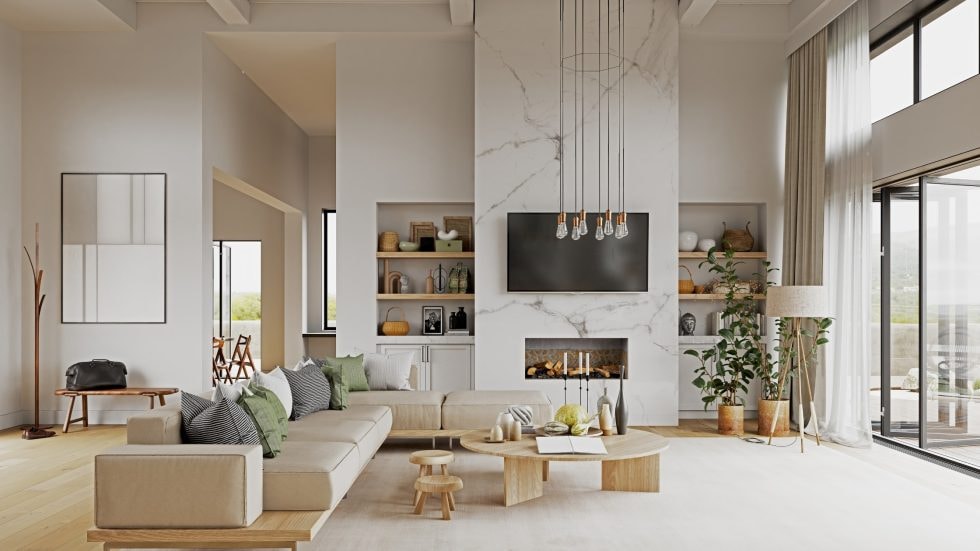 Bright and spacious living room with contemporary decor and large windows.