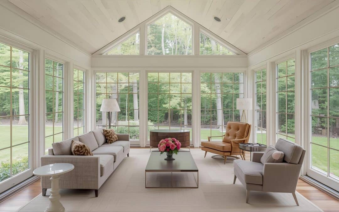 Bright sunroom with expansive windows overlooking lush greenery, perfect for relaxing and enjoying n.
