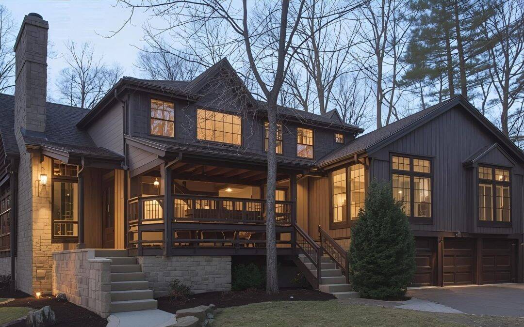 Beautiful modern craftsman-style house with large windows and a spacious porch.