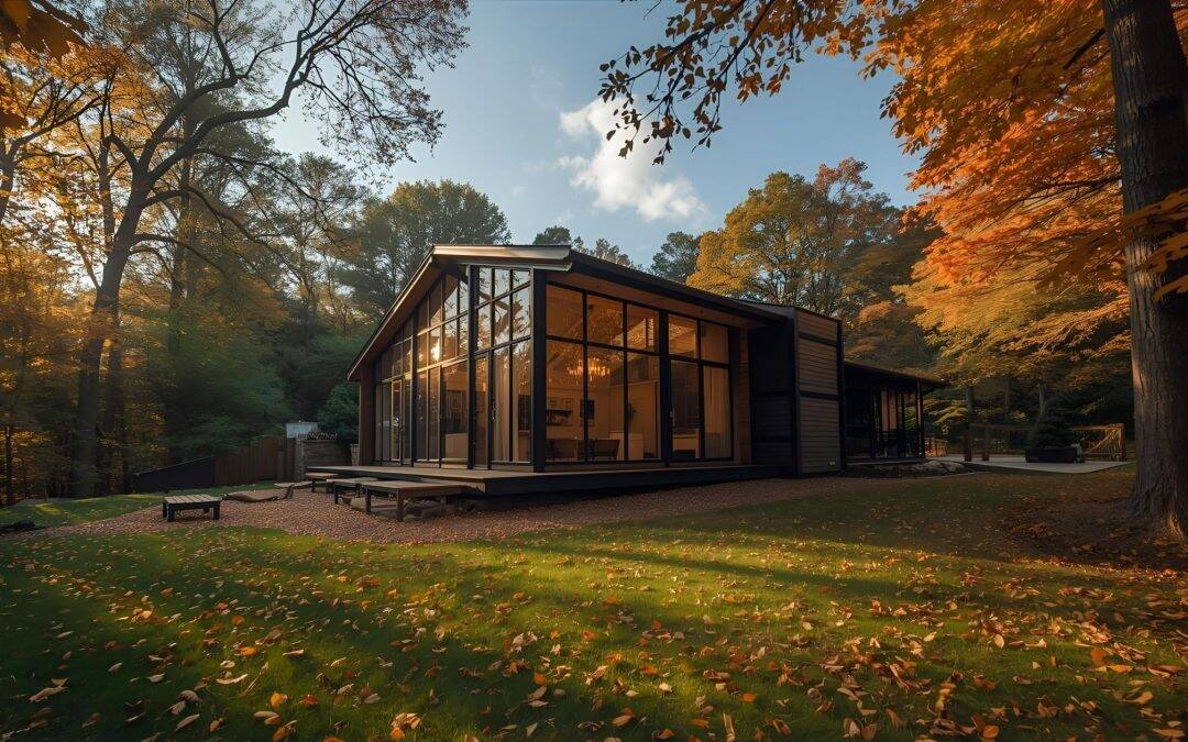 Contemporary glass pavilion surrounded by autumn trees, showcasing innovative architecture.