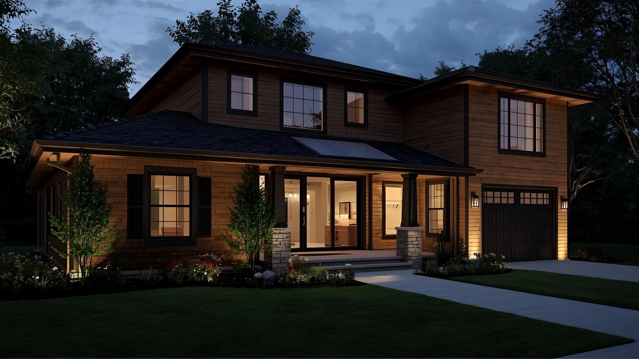 Beautiful modern family home with large windows and a spacious porch at dusk.