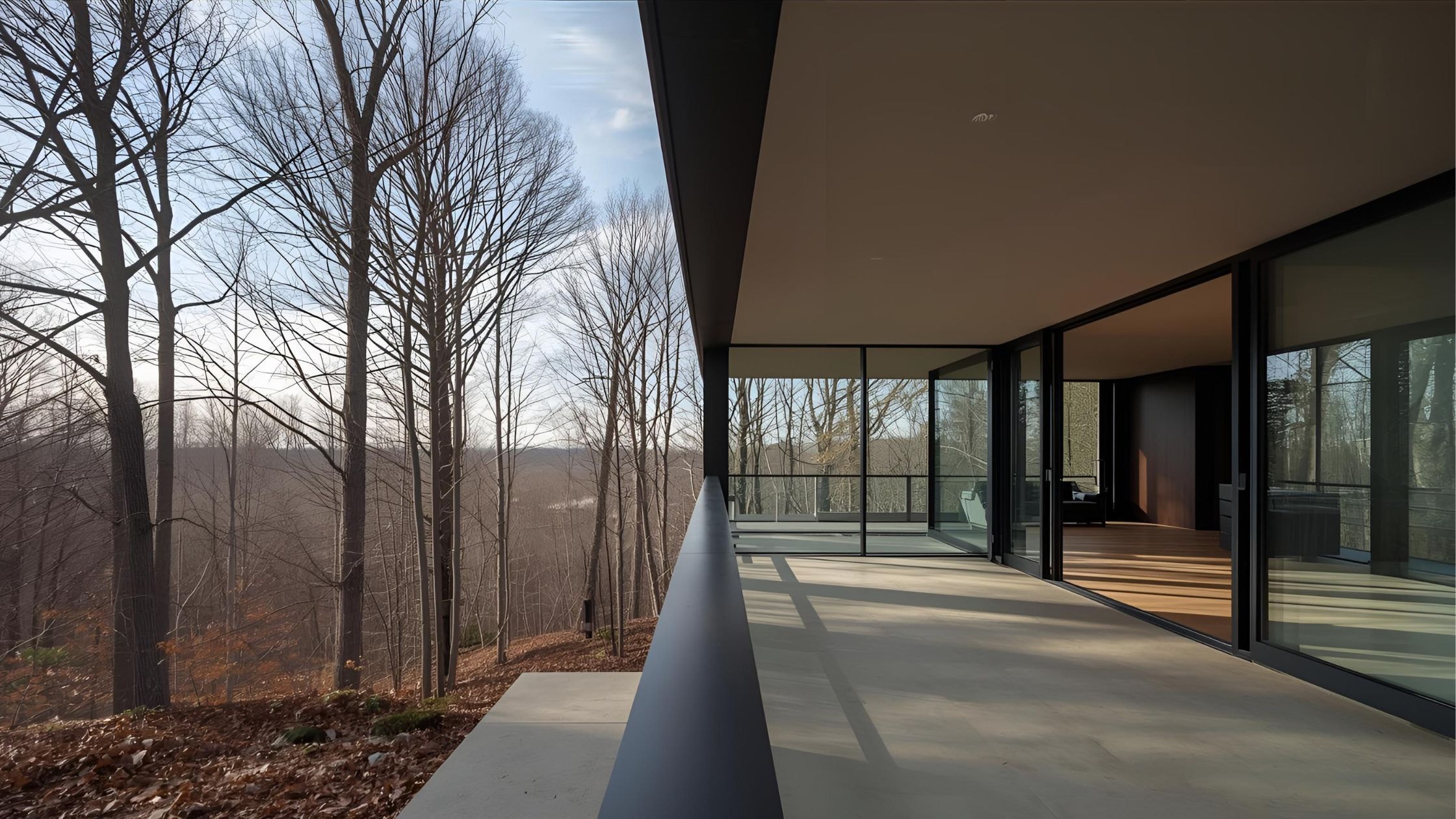 Contemporary home with large glass windows overlooking wooded landscape.