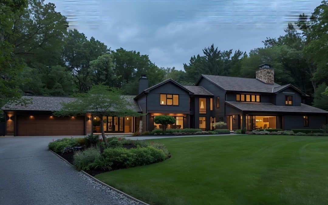 Luxury modern home with dark siding and large windows in a lush green setting.