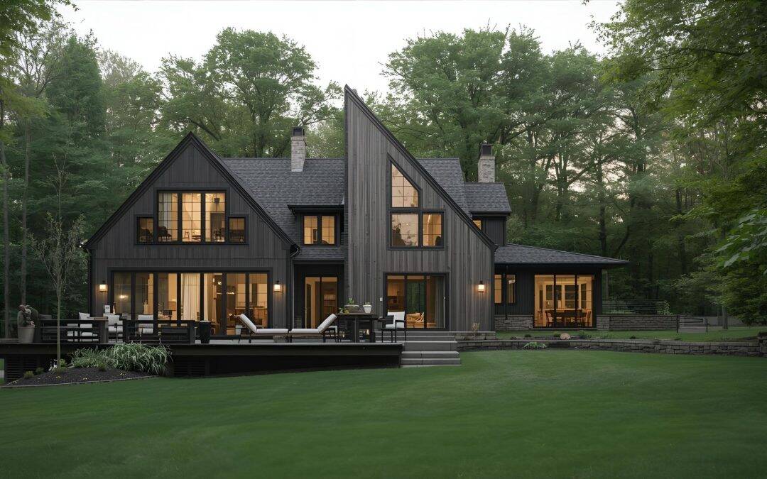 Contemporary black house with large windows and spacious outdoor deck in a wooded setting.