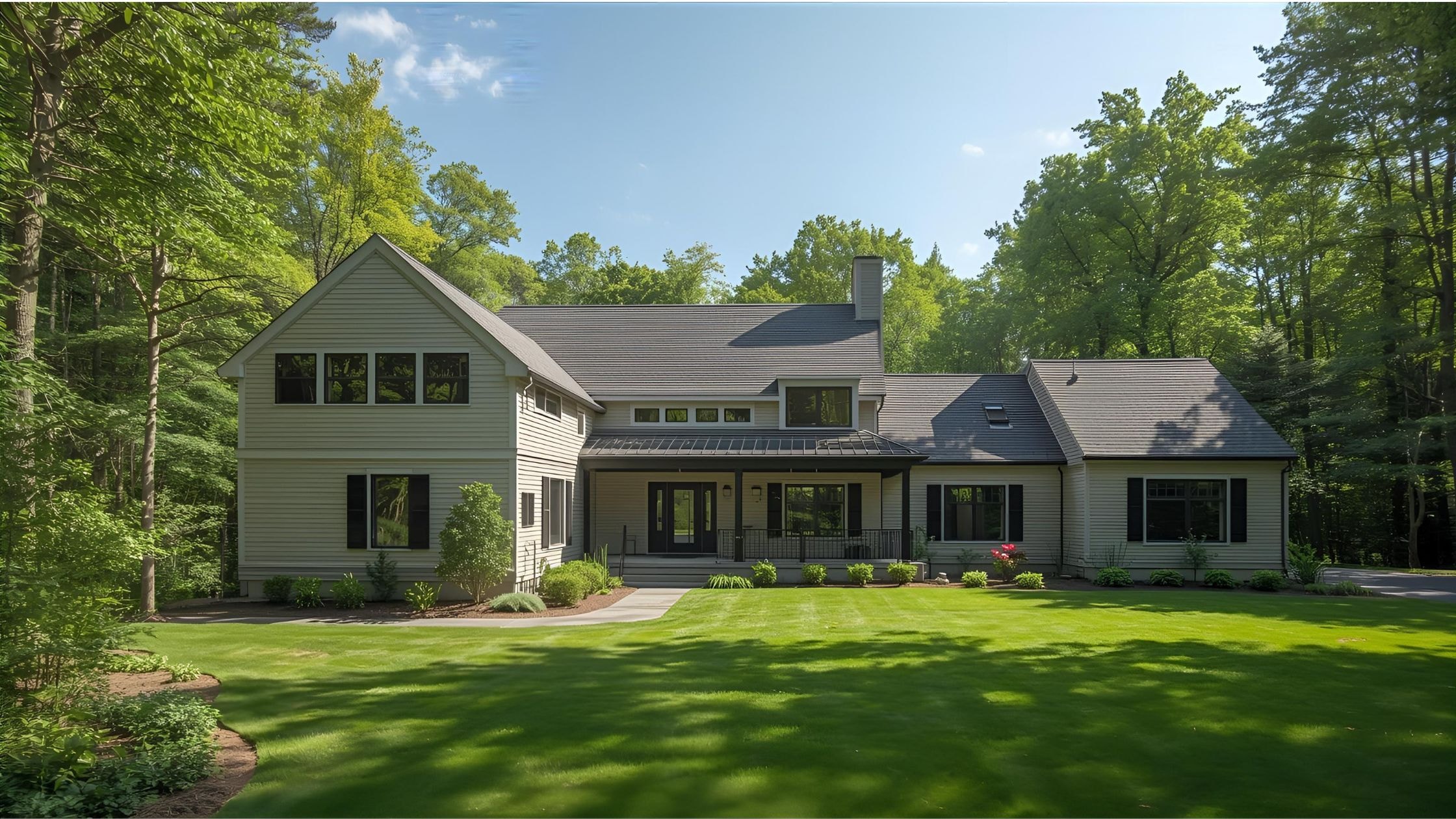 Modern house surrounded by lush greenery