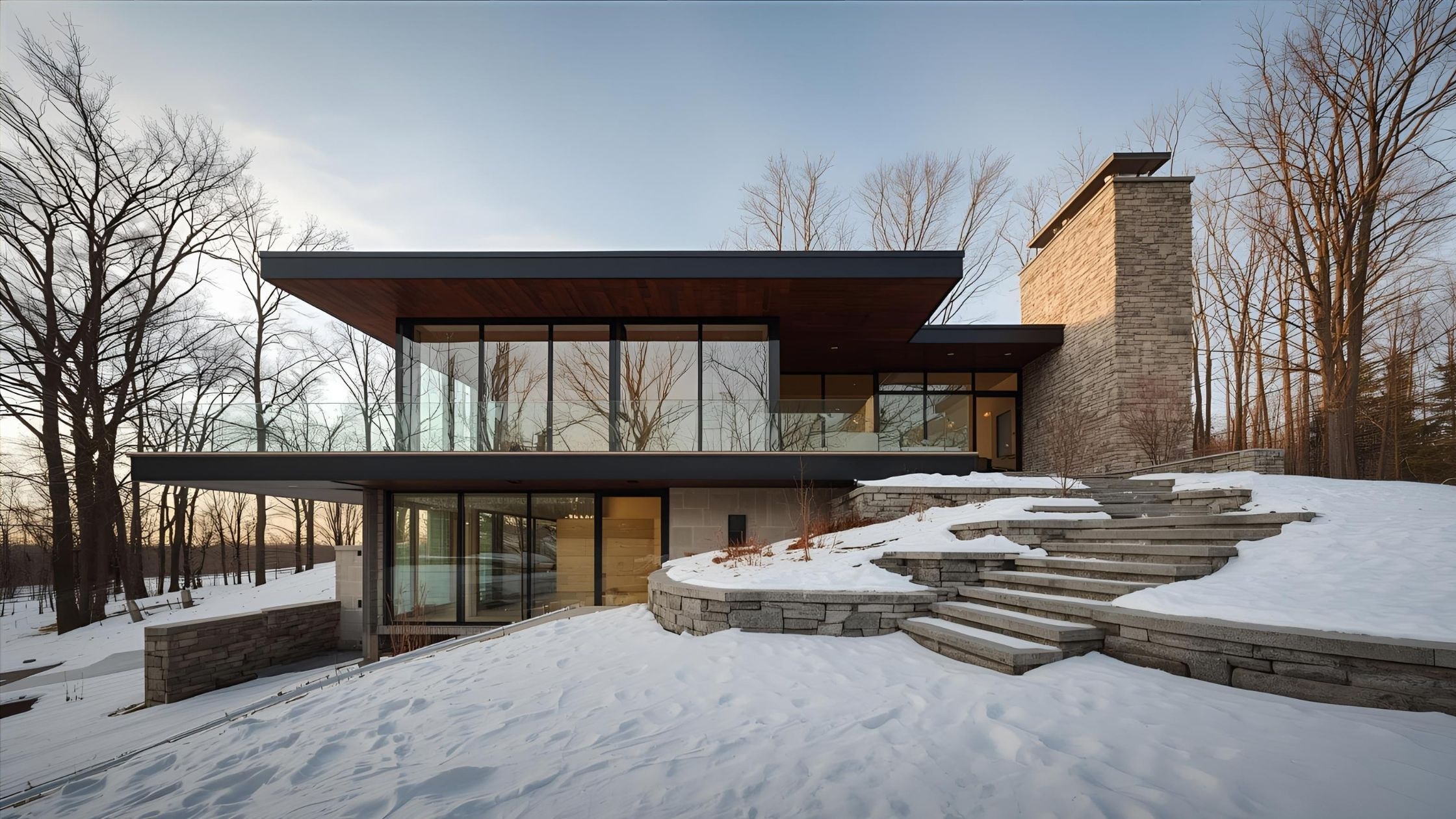 Contemporary house with large glass windows and stone accents in a snowy landscape.