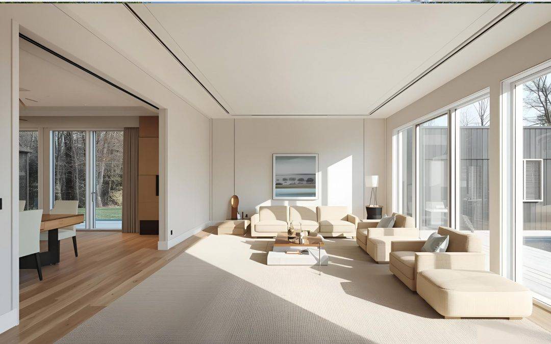 Spacious modern living room with large windows, natural light, and contemporary furniture. Perfect f.
