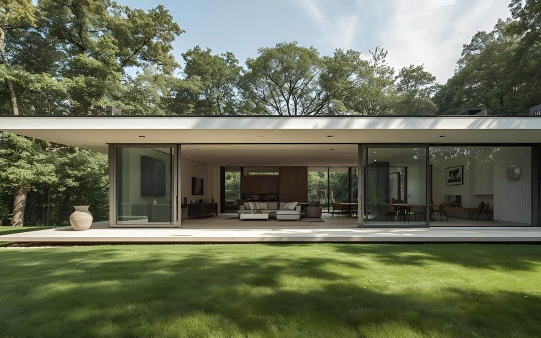Contemporary glass house with open living space and scenic wooded surroundings.
