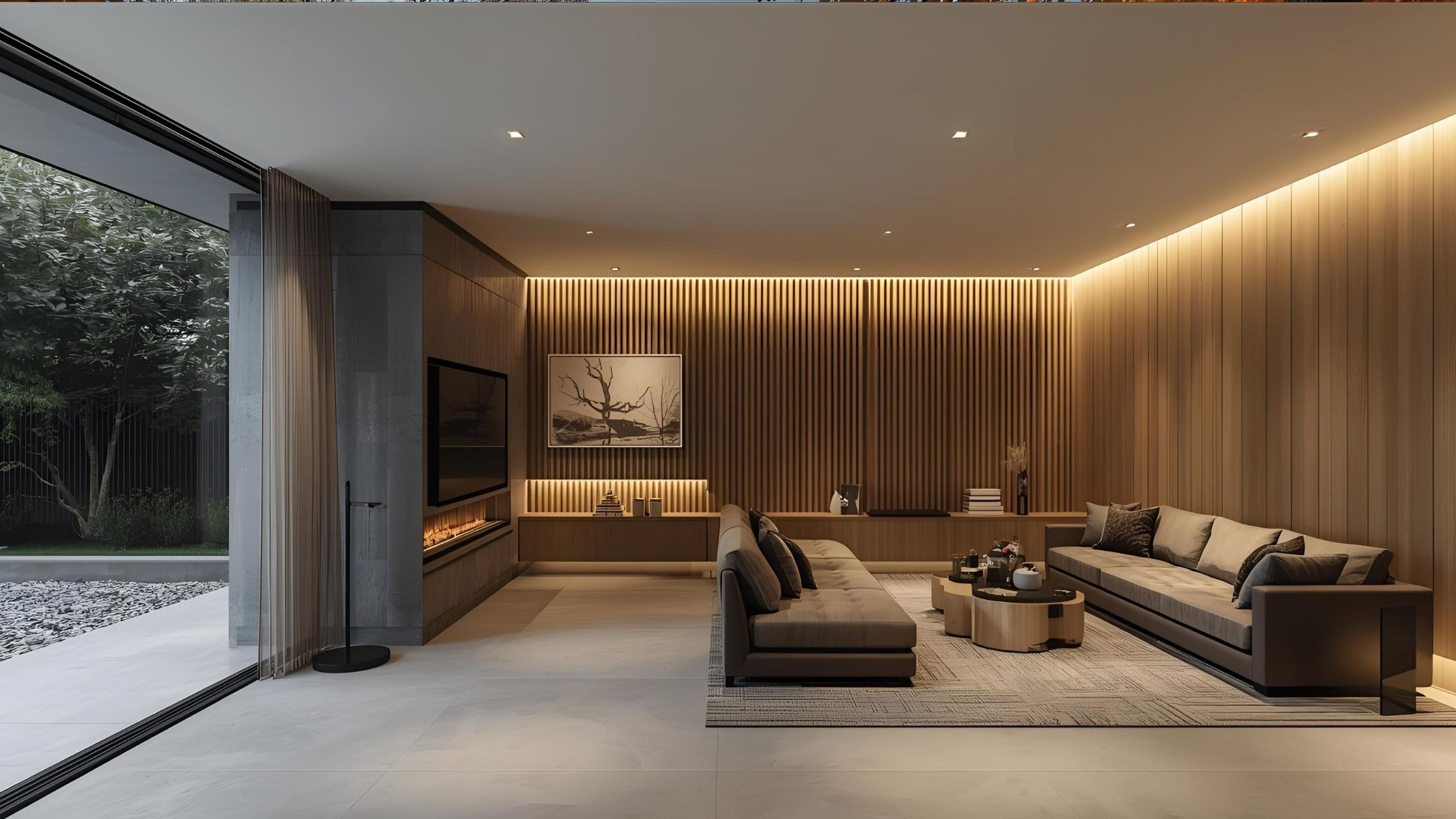 Elegant modern living room with sleek furniture and warm lighting. Perfect for contemporary home des.