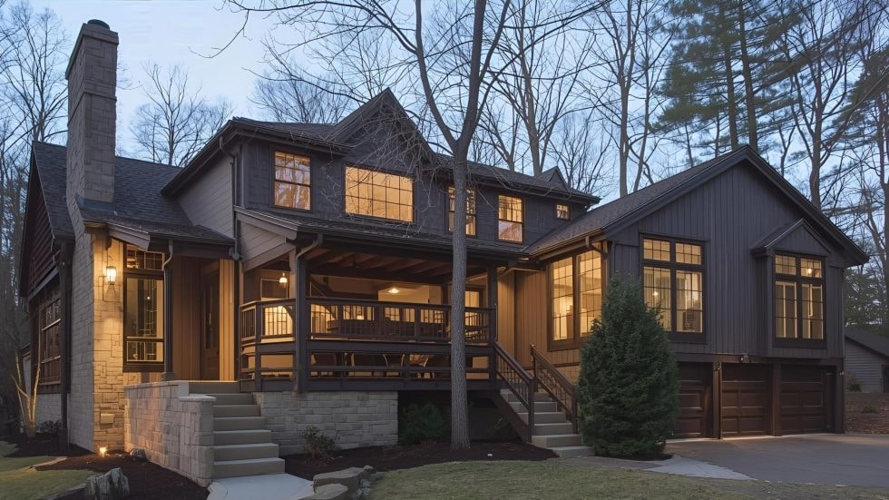 Beautiful modern craftsman-style house with large porch and warm lighting at dusk.