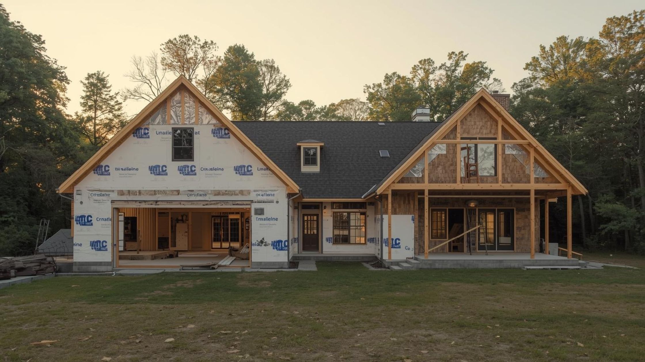 New residential home being built with wooden framing and exterior sheathing in a wooded area.