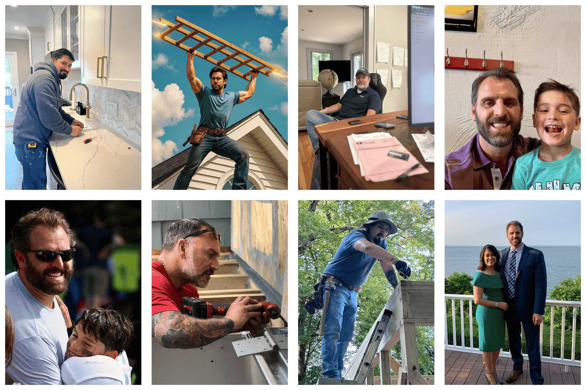 Skilled home renovation and construction professionals working on various projects.