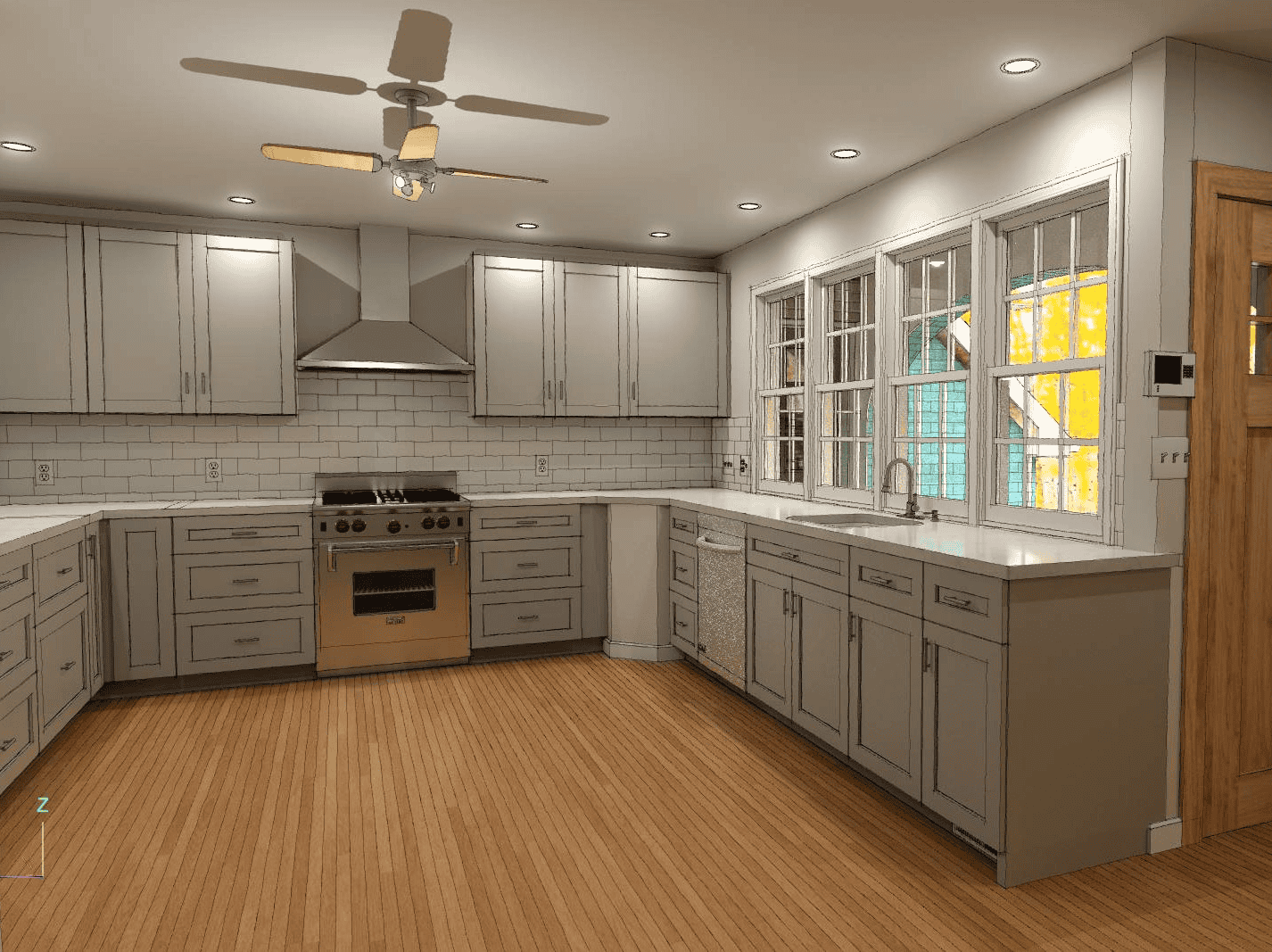 Bright, spacious kitchen with white cabinets and large windows for natural light. Perfect for family.