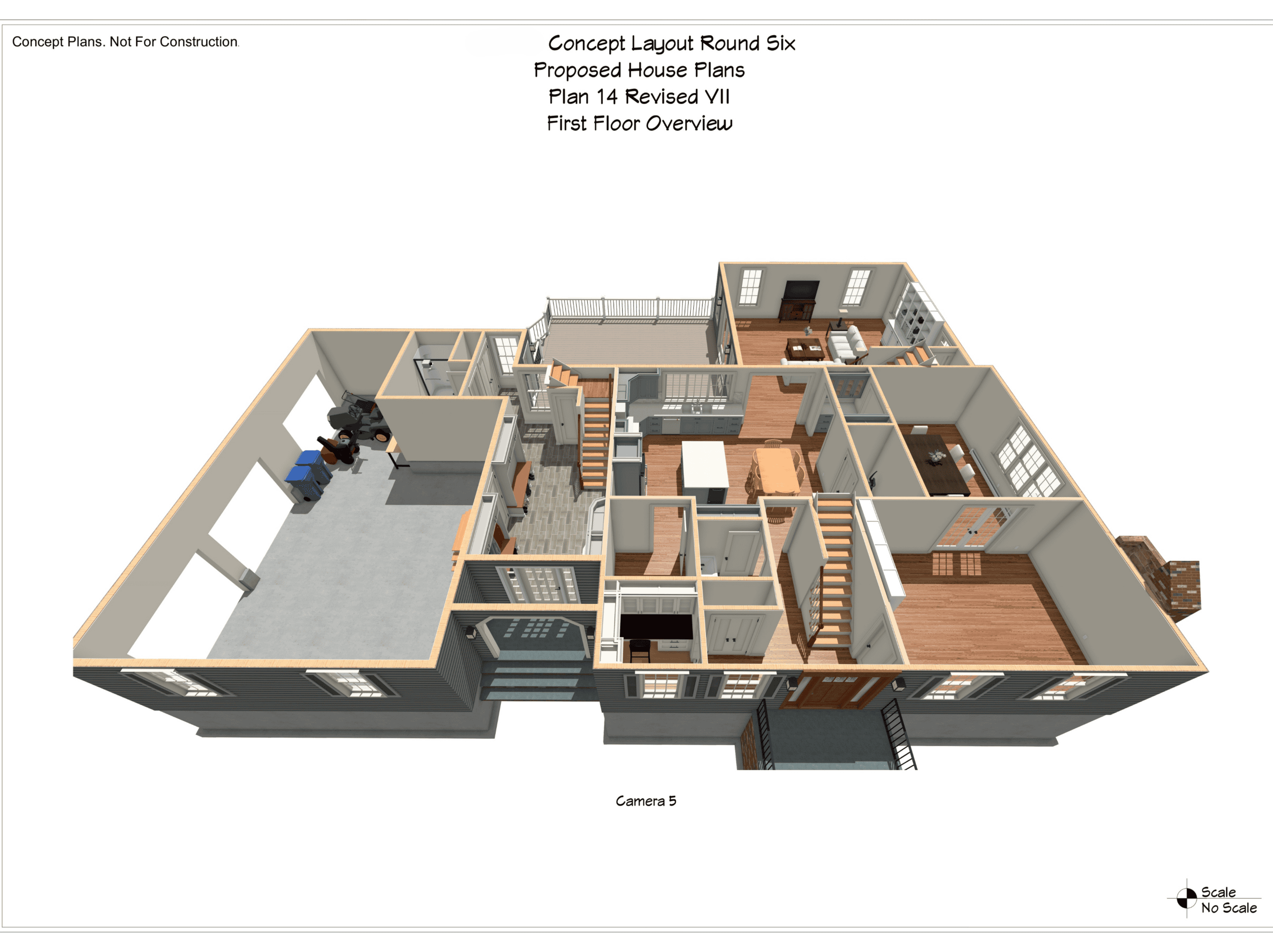 Detailed 3D house layout with multiple rooms and garage.