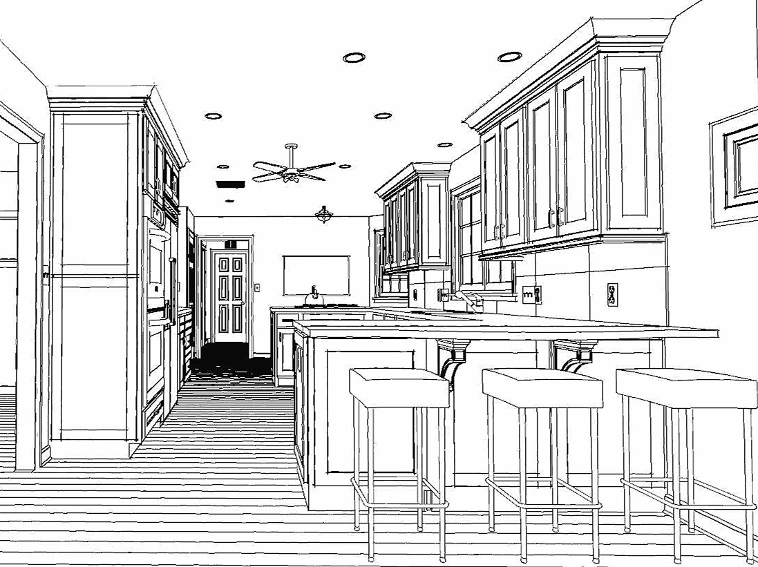 Modern kitchen with cabinetry, island, and bar stools in a stylish home interior.