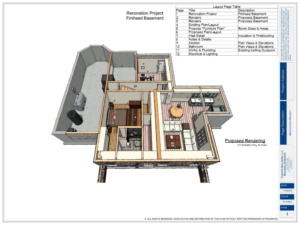 Basement renovation project with detailed layout and design plans for a finished basement space.