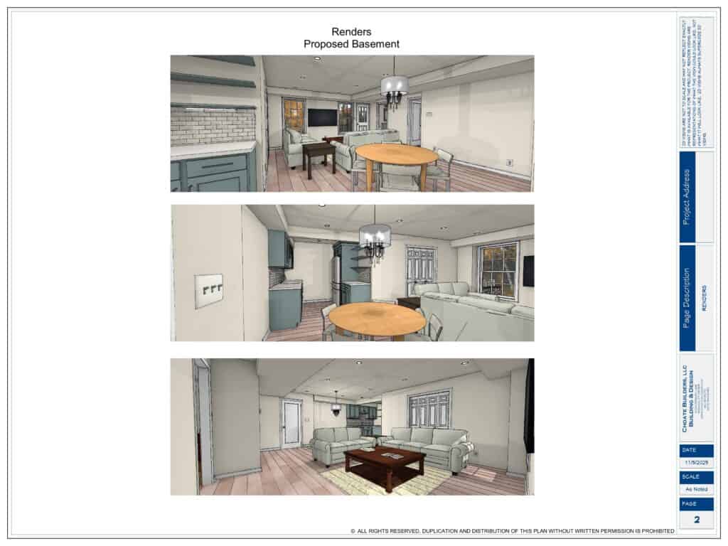 Renovated basement with kitchen, dining, and living areas for family gatherings.