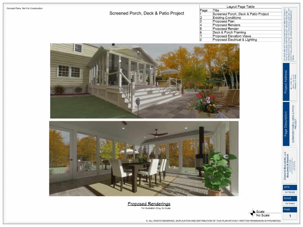 Beautiful screened porch with deck and outdoor living space by Choate Builders.