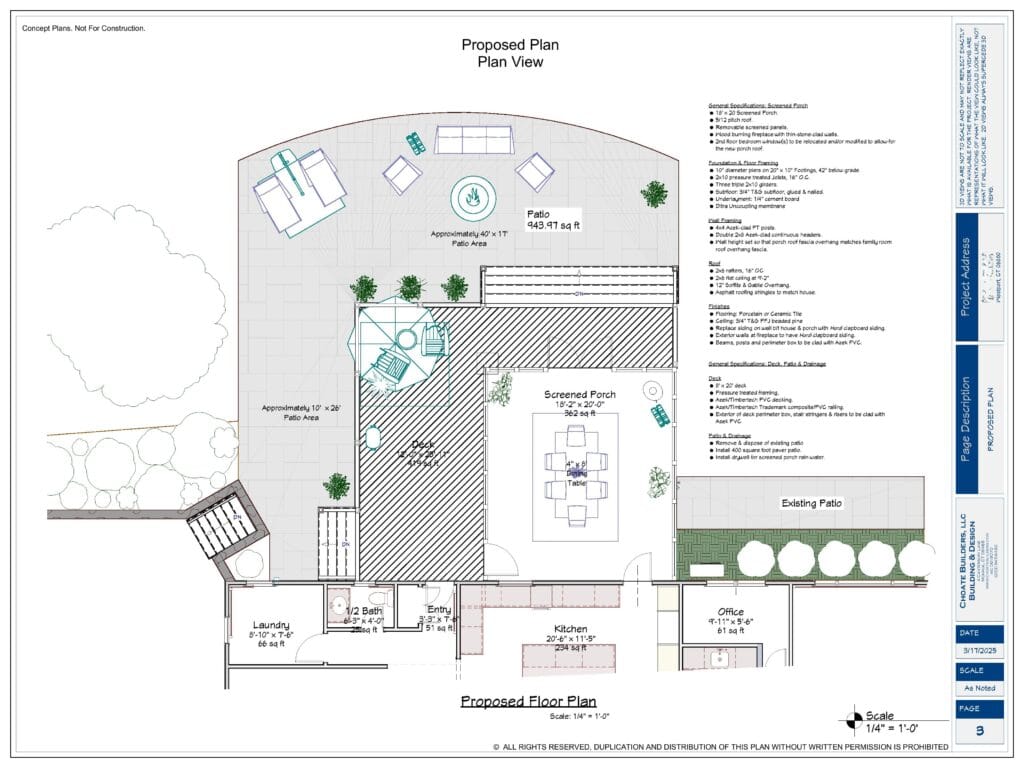 Detailed plan view of a modern backyard with patio, fire pit, and landscaping features.