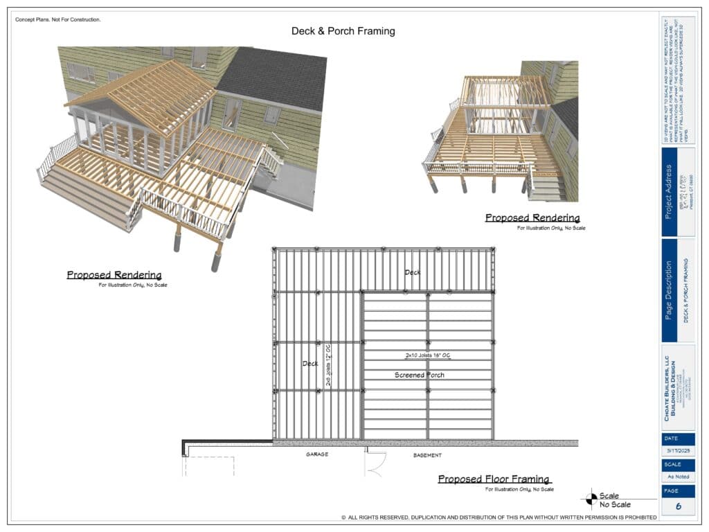 Proposed deck and porch framing design for residential construction.