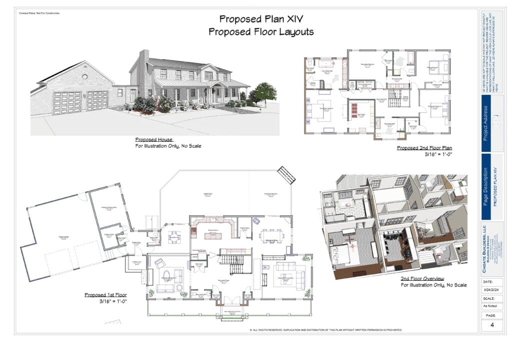 Proposed house floor plan with detailed layouts for multiple levels and architectural design.