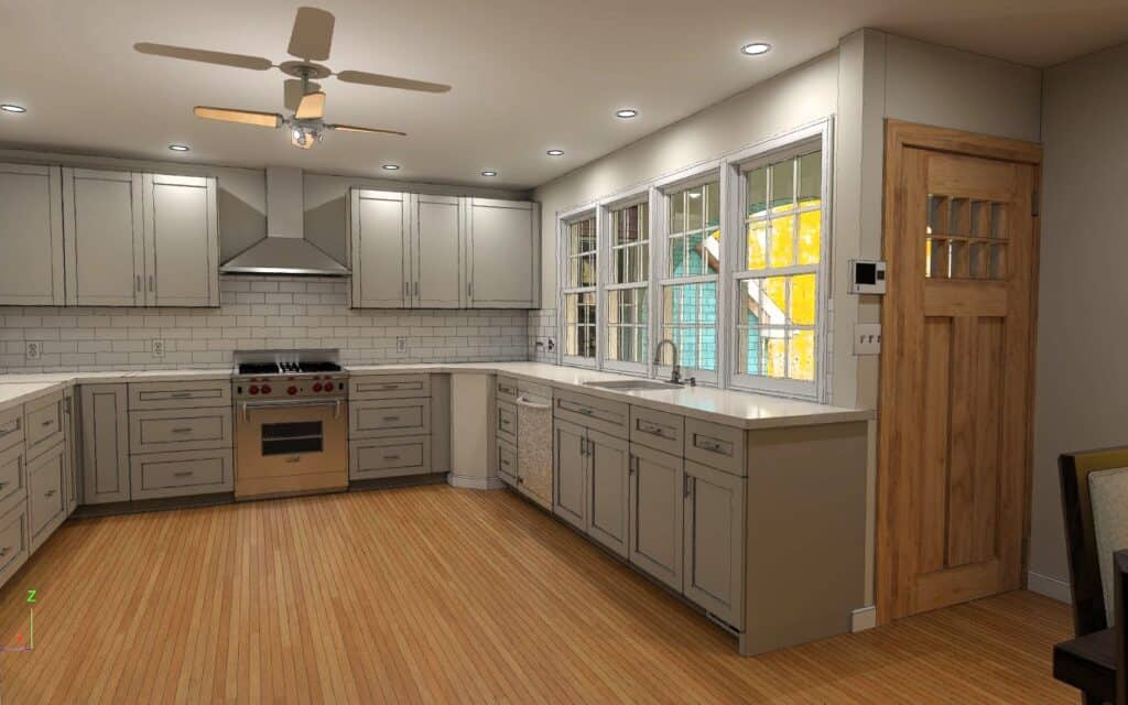 Bright and spacious kitchen with white cabinets, wooden flooring, and large windows.