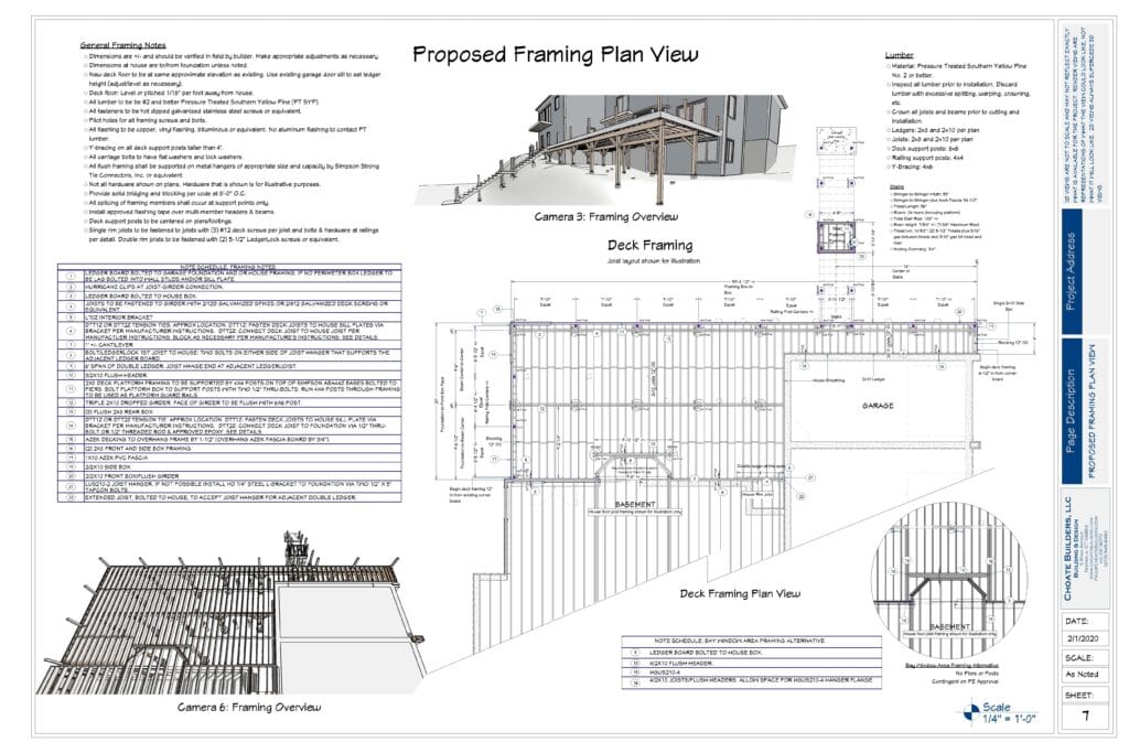 Framing plan view of a deck construction project by Example Co, showcasing detailed structural layou.