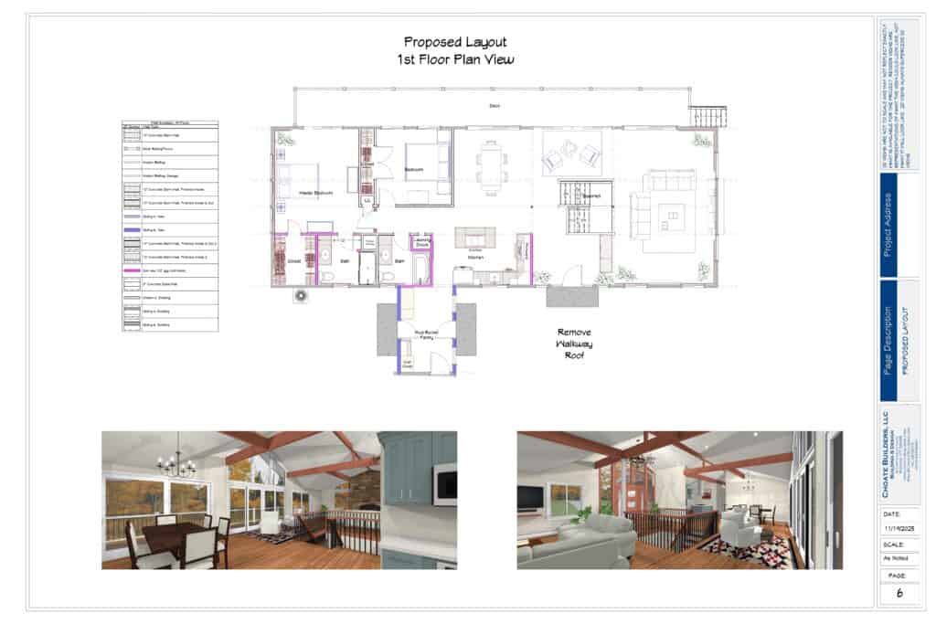 Proposed first-floor layout with open living spaces and large windows.