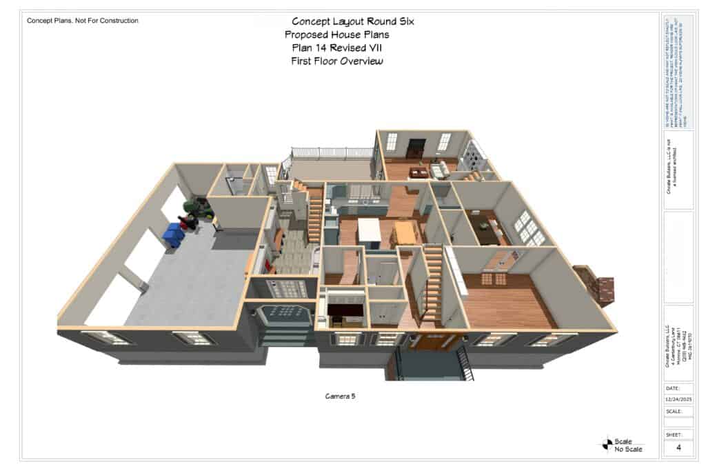 Detailed 3D house layout with multiple rooms and open living spaces.