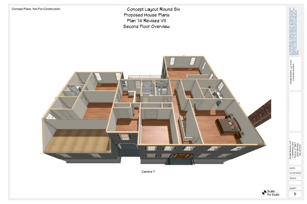 Detailed 3D view of proposed house plans with multiple rooms and open living spaces.